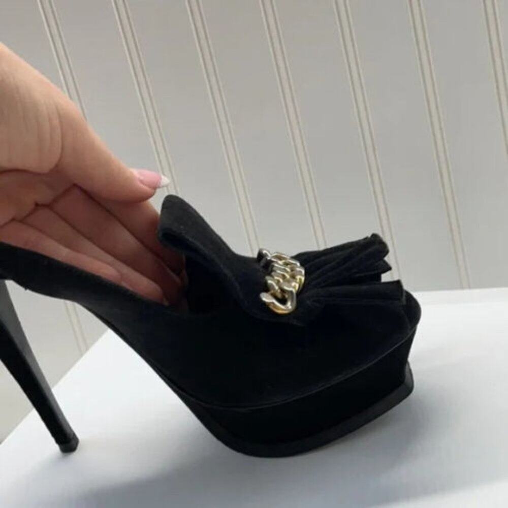 Yves Saint Laurent YSL Black Suede Fringe Chain Platform Pumps Size 8.5 - Picture 6 of 8
